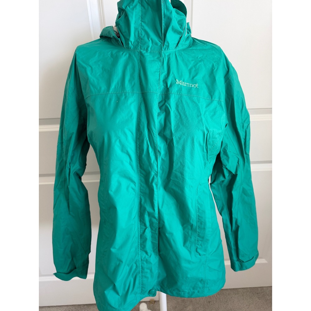 Marmot PreCip Rain Jacket Womens Large Teal Green Waterproof Hooded Shell Coat